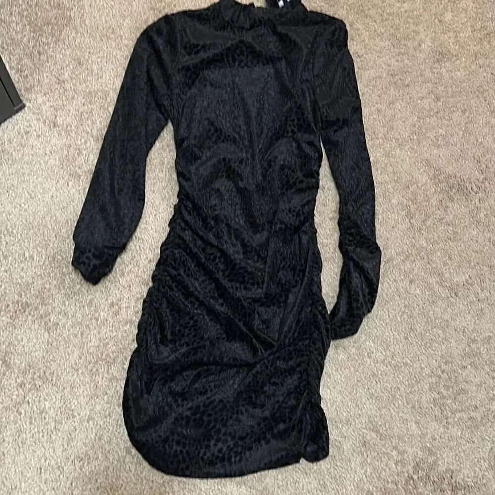Likely XS/S Long Sleeve Ruched Bodycon Mini Dress Black Velvet Cheetah Burnout
